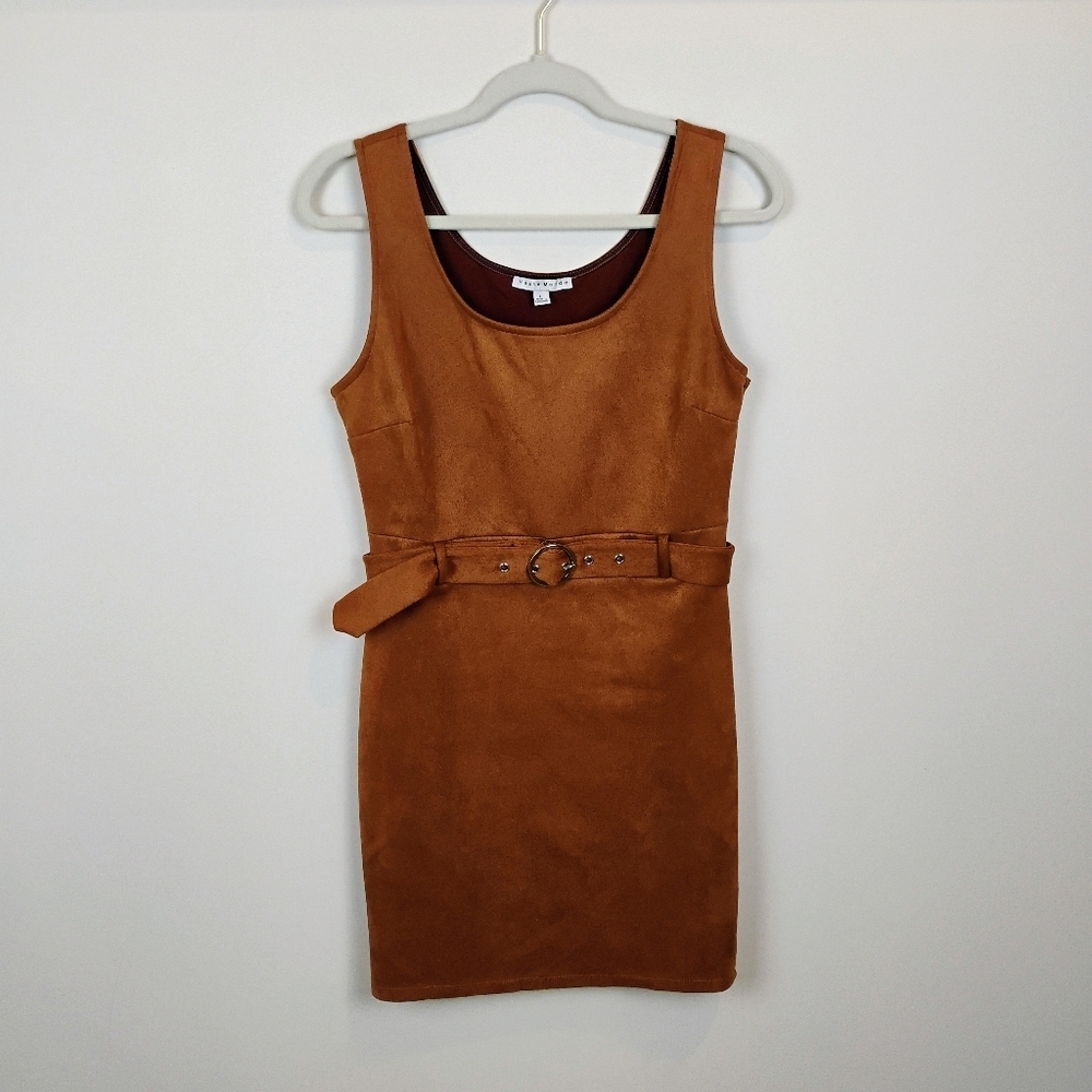 Haute Monde Sleeveless Mini Sheath Dress Size L (Jrs) Cinnamon Brown Faux Suede - Picture 11 of 13